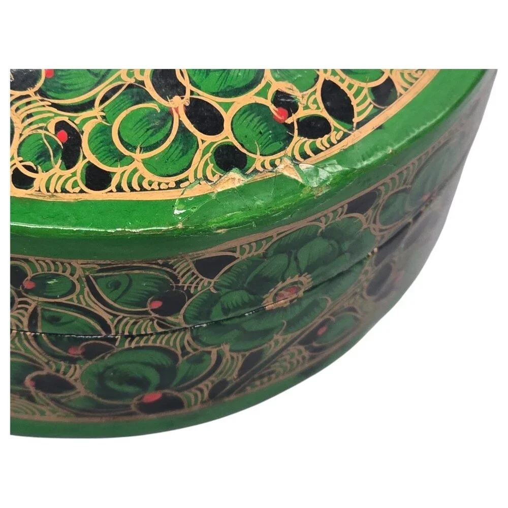 Paper Mache Green Floral Coaster Set Of 6 Storage Box Lacquered‎ Hand Painted